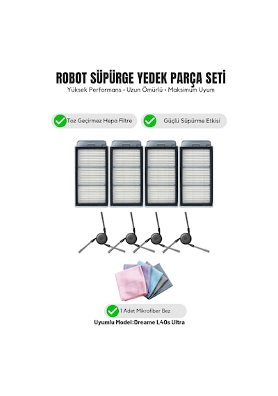 Dreame L40s Ultra İle Uyumlu 4 Yan Fırça 4 Filtre 1 Temizlik Bezi 10.0