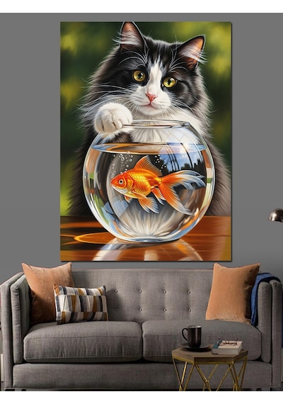 Ahşap Tablo Balık Fanusu Ve Kedi