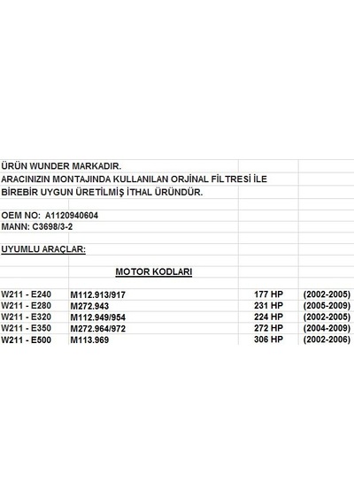 W211 E240. E280. E320. E350. E500 Hava Filtresi 1120940604