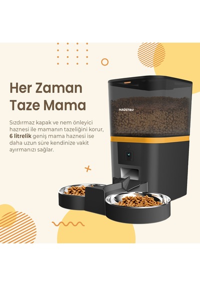 Haustier Qq005-dual Siyah Kameralı Akıllı Kedi Köpek Otomatik Mama Kabı, App Uzaktan Kontrol, Sesle Çağırma, 480p Kamera, 6lt Hazne, Çift Metal Kase