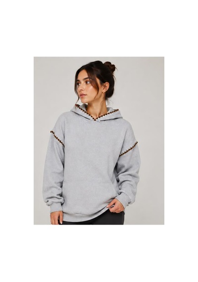 Herkesemoda Yaka Ve Kol Nakış Detaylı Kapüşonlu 2 İplik Şardonlu Sweatshirt Gri-kahve Herkesemoda Yaka Ve Kol Nakış Detaylı Kapüşonlu 2 İplik Şardonlu Sweatshirt Gri-kahve