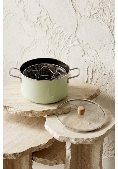 Titan Cook Ahşap Kulplu,paslanmaz Saplı Su Yeşili Süzgeçli Emaye Kızartma Tenceresi 22 Cm Su Yeşili