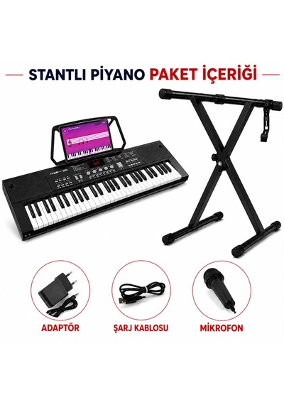 Multizone 61 Tuşlu Standlı Elektronik Dijital Işıklı Çocuk Piyanosu Mikrofonlu Başlangıç İçin Demolu Keyboard Org