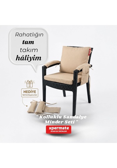 4 Parçalı Sırtlıklı Sandalye Minderi 46 X 46 Cm Kol Pedli Su Ve Leke İtici Bağcıklı Bahçe Balkon Minderi Seti Bej Çok Renkli