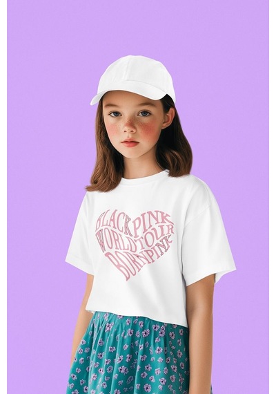 Sevbano Blackpink Kalp Baskılı Unisex Müzik Grubu Çocuk Tişört 1-12 Yaş Beyaz