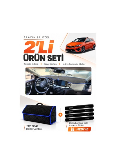 Kia Ceed 2020-2025 Uyumlu Torpido Örtüsü + Tay Tüyü Bagaj Çantası + Sticker Seti - Siyah Mavi