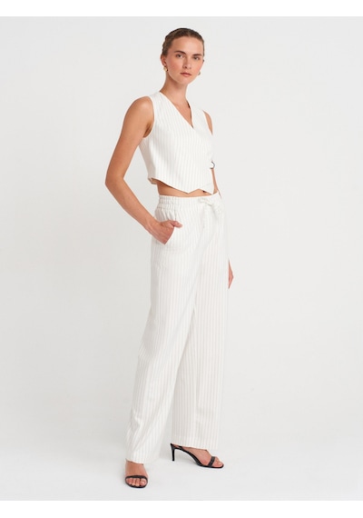 Dilvin 60597 Asimetrik V Yaka Çizgili Blazer Yelek-beyaz Beyaz