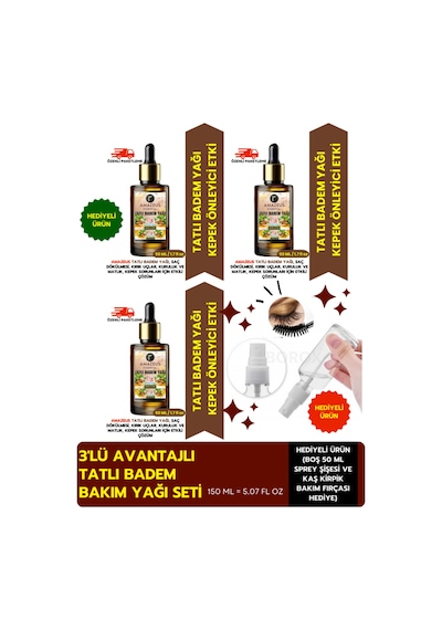 Amazeus Tatlı Badem Yağı Seti 150ml - Vegan / Kaş Kirpik Fırçası & Spreyli - Parabensiz, Katkısız