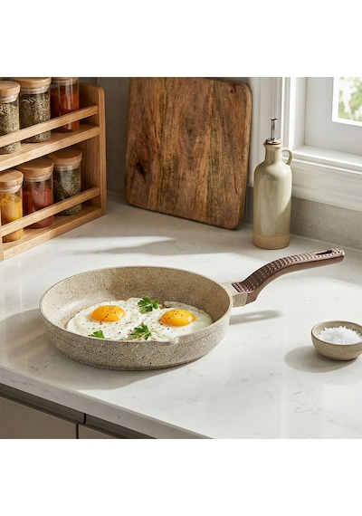 Oms 3738 Biogranit Döküm Grill Ergonomik Saplı 3 Parça Tava Seti Kum Beji 20-24-28cm Kum Beji