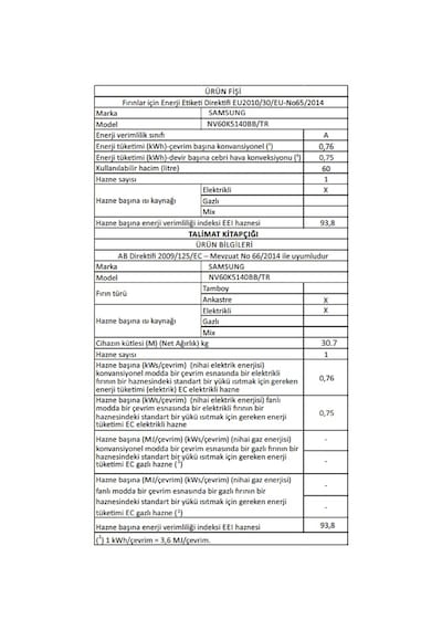 Samsung NV60K5140BB-TR 60 LT Ankastre Fırın