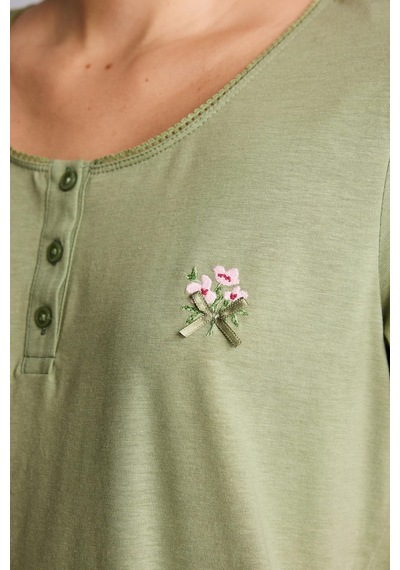Defacto %100 Pamuk Regular Fit Kısa Kollu İşlemeli Üst Çiçekli Geniş Paça Alt 2li Pijama Takım I6408ax26aukh461 Haki-kh461