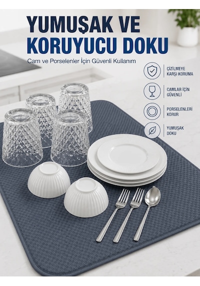Su Emici Bulaşık Kurutma Matı Kaydırmaz Ve Yumuşak Dokulu Kurutmalık Mavi