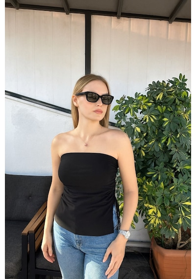 Lupinn Moda Kadın Straplez Büzgülü Askısız Bluz Bordo Ve Siyah Renk Seçenekli Siyah