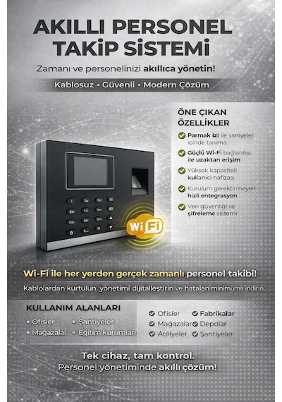 Kablosuz Wifi Kartlı Parmak İzi Personel Takip Cihazı -Web Giriş Çıkış Yazılımı (25 Kart Dahil)