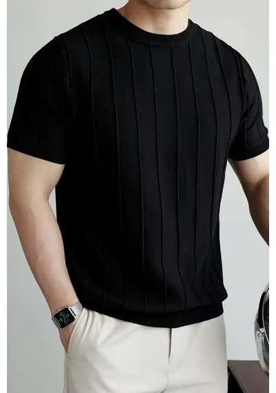 Cool Tarz Canlı Siyah Erkek Yuvarlak Yaka Örme T-shirt Canlı Siyah Canlı Siyah