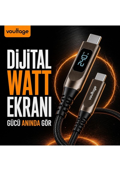 Type-c To Type-c 240w 1.2 M Dijital Watt Göstergeli Metal Uçlu Şarj Kablosu İphone 17, 16, 15, Samsung Galaxy S24, S23, Pixel, İpad, Macbook, Nintendo, Xiaomi Uyumlu, Siyah