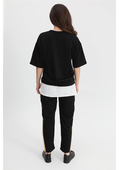 Wpr Takım Eteği Çimalı Kuş Baskılı Beli Lastikli T-shirt Pantolon - Siyah