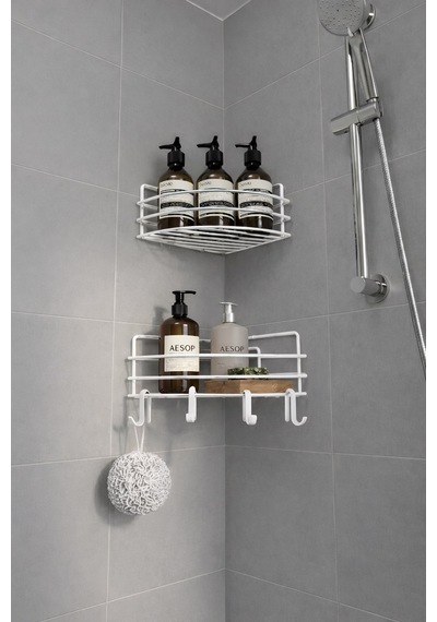 Sas Haus   Tek Katlı Köşe Duş Rafı Kancalı Banyo Şampuanlık & Organizer 2 Adet Beyaz Tk-01 beyaz