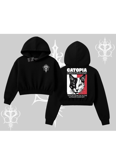 Startmore Modern Kedi Temalı Arka Baskılı Kapşonlu Crop Sweatshirt Siyah