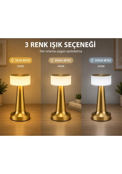 Dokunmatik Şarjlı Led Masa Lambası - 3 Kademeli Işık Ayarlı, Kablosuz Dekoratif Gece Lambası, 1800 Mah Taşınabi Diğer