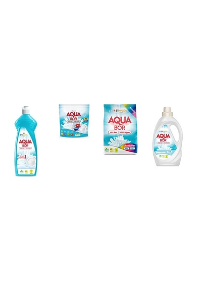 Aquabor Doğal Mineralli Elde Bulaşık + Tablet + 4 Kg Renkliler + Sıvı Beyaz 4 Lü Set 0.75 LT - 2.5 LT - 12 KG