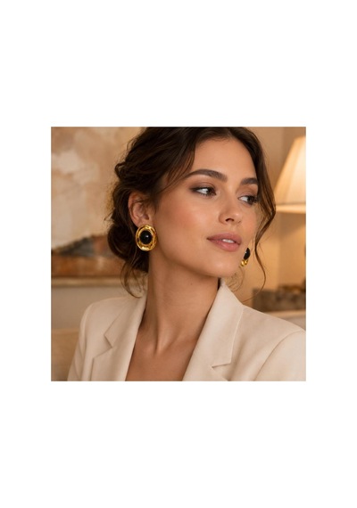 Gold Oval Formlu Siyah Taşlı Kadın Küpe Siyah - 886705037 Siyah - 886705037 Siyah