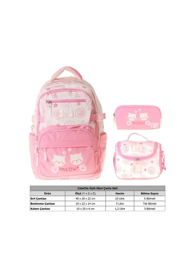 Calacilo Kedi Baskılı Pembe Kız Çocuk Üçlü İlkokul Okul Çantası Seti - Setcc-c4038a Pembe - Krem
