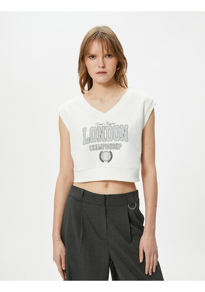Koton Kısa Kollu Sweatshirt V Yaka Baskılı Beyaz 4sak10273ek Beyaz