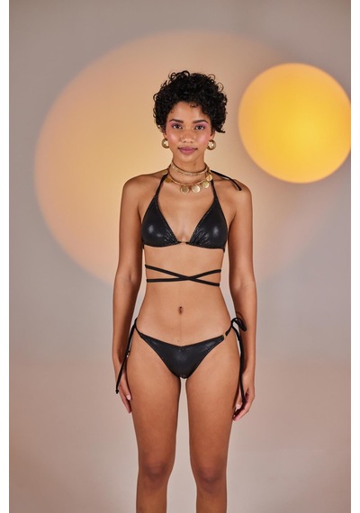 Holly Lolly Özel Yapım Parlak Kumaşlı H Aksesuarlı V Kesim Ivory Bikini Altı Siyah