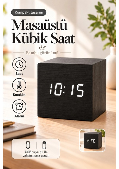Ahşap Dijital Kübik Masa Saati Termometre Ve Alarm Çok Renkli 22150341