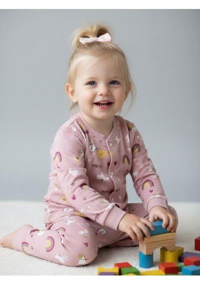 Zekids Kız Bebek Pamuklu Önü Çıtçıtlı Desenli Pijama Takımı-16270 Çok Renkli