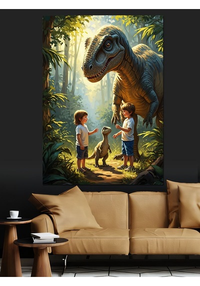 Ahşap Tablo Dinozorlarla Oynayan Küçük Çocuklar