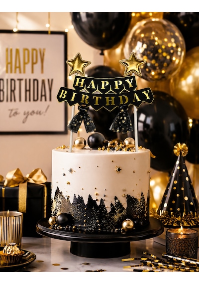 Pasta Üstü Çubuklu Happy Birthday Yıldızlı Tüllü Siyah Süs Doğum Günü Parti Dekoru +3