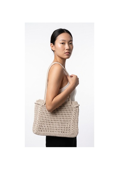 Melonndesign Melona Butik Makrome İp Krem Rengi File Çanta, Astarsız, Mıknatıs Çıtçıtlı Bej