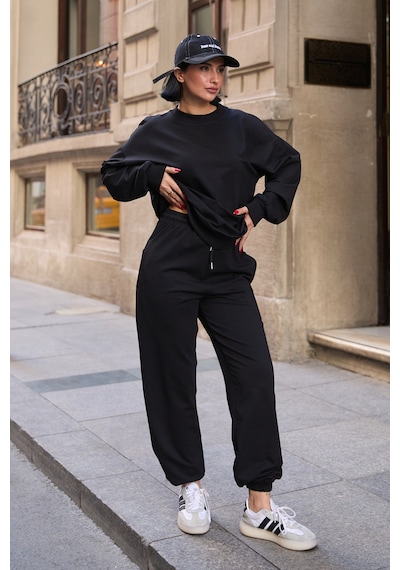 Mezka Regular Fit 2'li Takım Sweatshirt Beli Lastikli Jogger Eşofman Altı Siyah