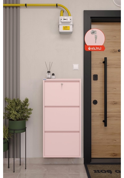 Ceha Kilitli 3'lü Metal Ayakkabılık - Toz Pembe/blush K.AYK-3/M3885/KL
