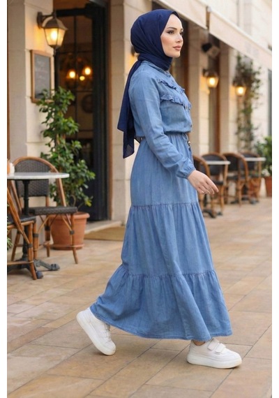 Hb Harma Time Butik Kadın Fırfır Detaylı Bağcıklı Açık Kot Mavi Denim Elbise Açık Mavi