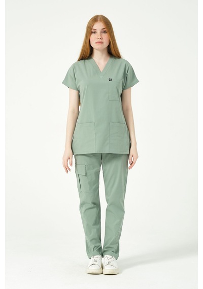 Çağla Yeşili Likralı Scrubs Kargo Cep Doktor Hemşire Forması Yarasa Kol Takım Unisex