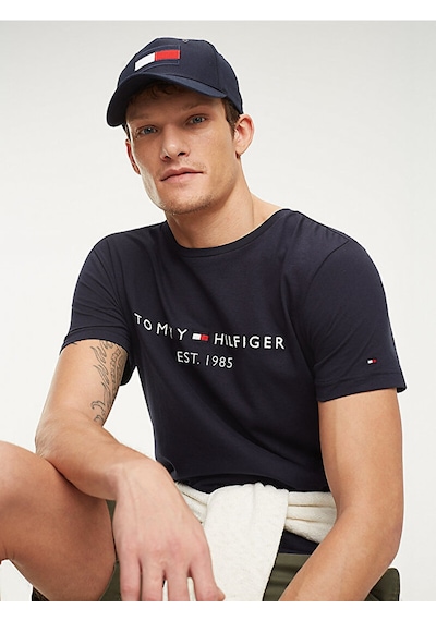 Tommy Hilfiger Erkek Logo Yazı Nakışlı T-shirt Siyah