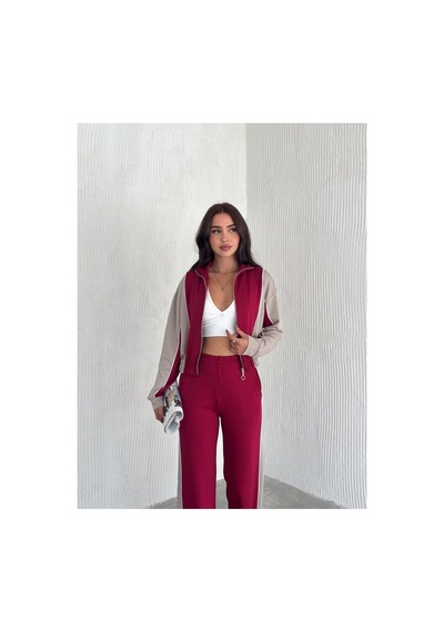 Gugus Kadın Trend Eşofman Takımı Dik Yaka Fermuarlı Bol Paça Yanları Şeritli Aysho Model Bordo-bej Gugus Kadın Trend Eşofman Takımı Dik Yaka Fermuarlı Bol Paça Yanları Şeritli Aysho Model Bordo-bej