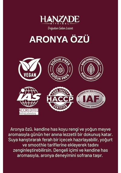 Hanzade Bitkisel Aronya Özü 500 Ml X 2 Adet Soğuk Pres, Yoğun Tat, Cam Şişe