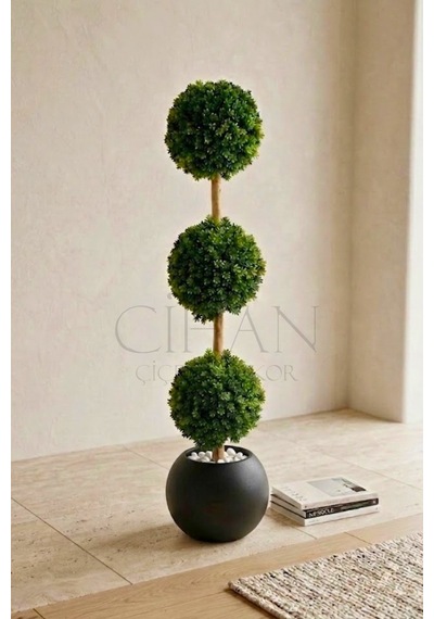 Cihan Çiçekçilik Yapay 3'lü Top Şimşir Ağacı - Küre Saksılı 130cm Siyah