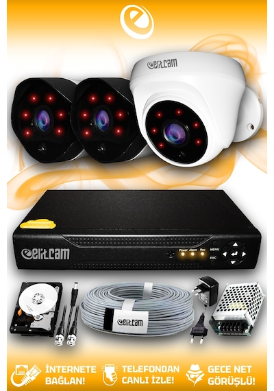 Elitcam 3 Kameralı Uzay 1 İç Kamera Set 1 TB HDD Full HD Gece Görüşlü Güvenlik Kamerası Sistemi