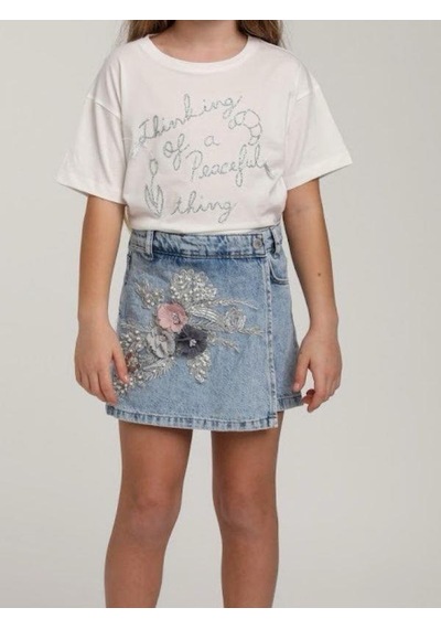 Escabel Kız Çocuk Pamuklu Yuvarlak Yaka Yarım Kol Simli T-shirt-15662 Beyaz