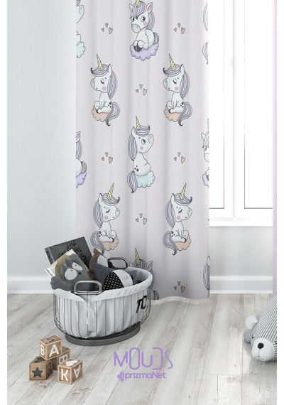 Uykucu Unicorn Desenli Fon Perde Çocuk Ve Bebek Odası Süet Dijital Baskılı Ekstrafor Büzgü Tek Kanat Çok Renkli