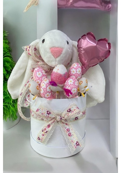 Sole Premium Paskalya Temalı 45 Cm Beyaz Bunny Tavşan Hediye Kutusu - Dekoratif Yumurta Ve Kalp Balon Detaylı Beyaz