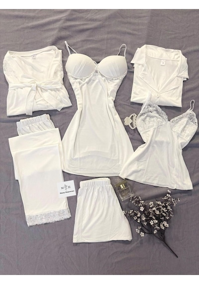 Mh Moony Homewears Kutulu Beyaz Altılı Penye Ultra Lüks Çeyiz Seti Muhteşem Beyaz