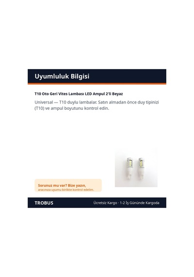 Trobus T10 Oto Geri Vites Lambası Led Ampul 2'li Beyaz