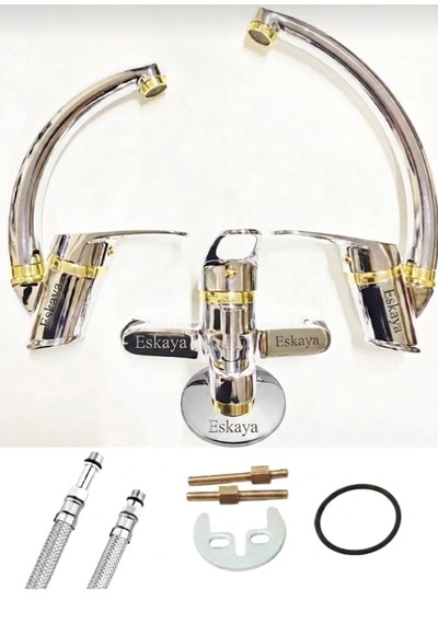 Eshome Krom Gold Mix Kuğu Banyo Mutfak Ve Lavabo Bataryası Musluğu 3 Lü Set