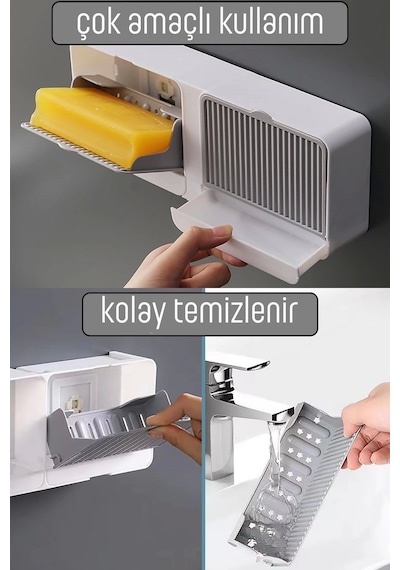 2 Bölmeli Yapışkanlı Duvara Monte Mutfak Banyo Katı Sabunluk Gri